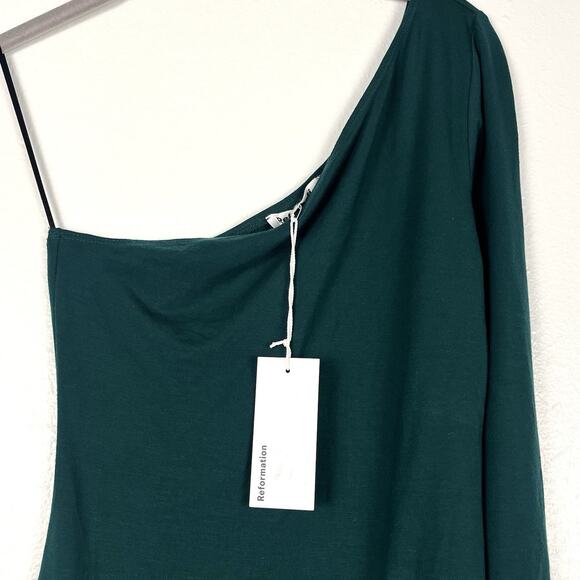 NWT Reformation XS Emerald Green One-Shoulder Stretch Jersey Yara Mini Dress - Picture 4 of 7